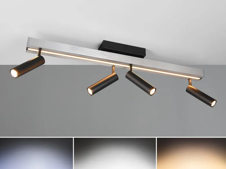 Ausziehbarer LED Deckenstrahler ZENO 4 Spots Schwarz Silber, max. Breite 133cm