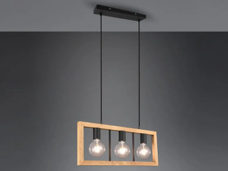 Balken Pendelleuchte AGRA 3 flammig Schwarz mit Holzbalken, Breite 60cm