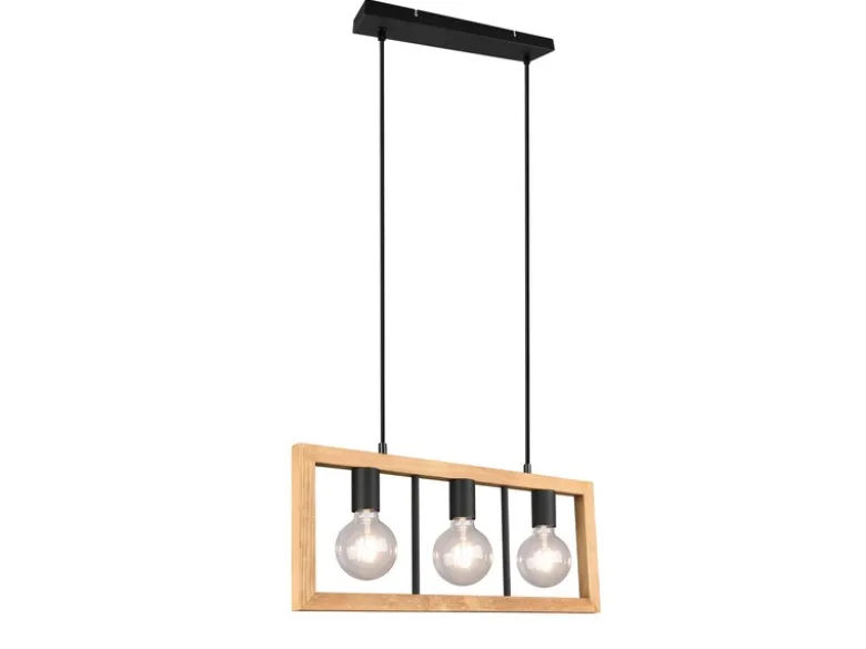 Balken Pendelleuchte AGRA 3 flammig Schwarz mit Holzbalken, Breite 60cm