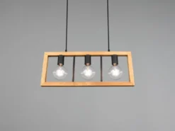 Balken Pendelleuchte AGRA 3 flammig Schwarz mit Holzbalken, Breite 60cm