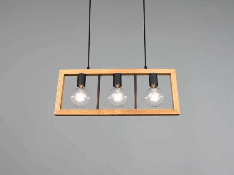 Balken Pendelleuchte AGRA 3 flammig Schwarz mit Holzbalken, Breite 60cm