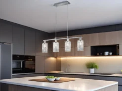 Balken Pendelleuchte POSH 4-flammig mit Acryl Kristall Behang, Breite 80cm