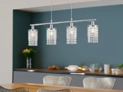 Balken Pendelleuchte POSH 4-flammig mit Acryl Kristall Behang, Breite 80cm