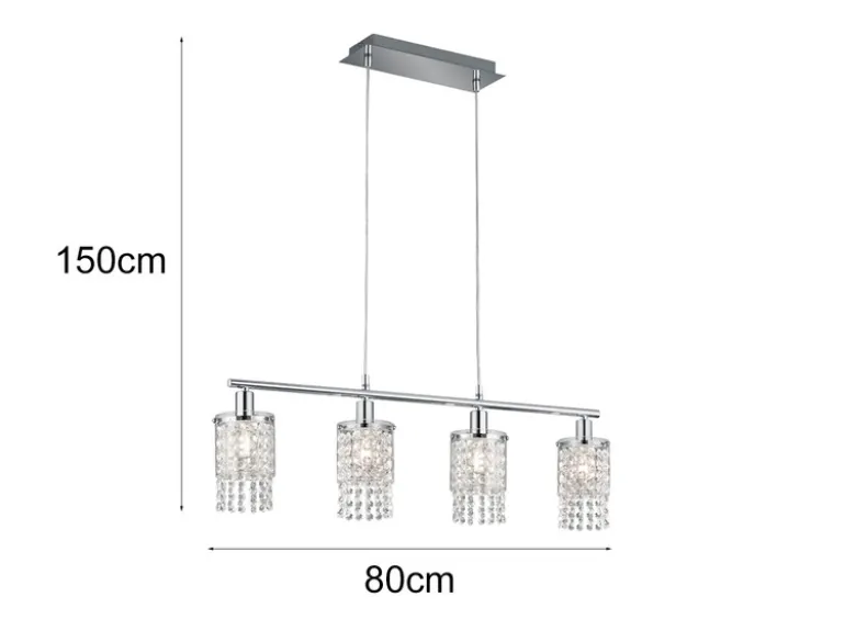 Balken Pendelleuchte POSH 4-flammig mit Acryl Kristall Behang, Breite 80cm