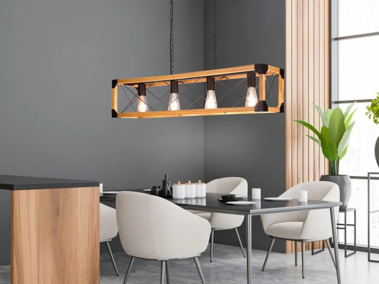 Balken Pendelleuchte TENALI 4 flammig Schwarz mit Holzbalken, Breite 100cm