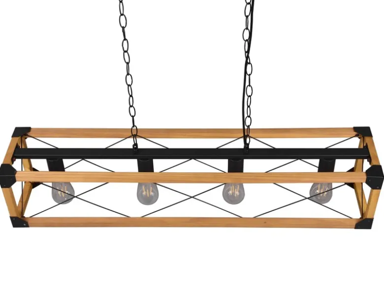 Balken Pendelleuchte TENALI 4 flammig Schwarz mit Holzbalken, Breite 100cm