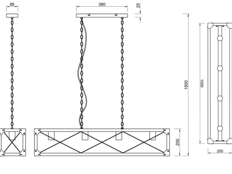 Balken Pendelleuchte TENALI 4 flammig Schwarz mit Holzbalken, Breite 100cm