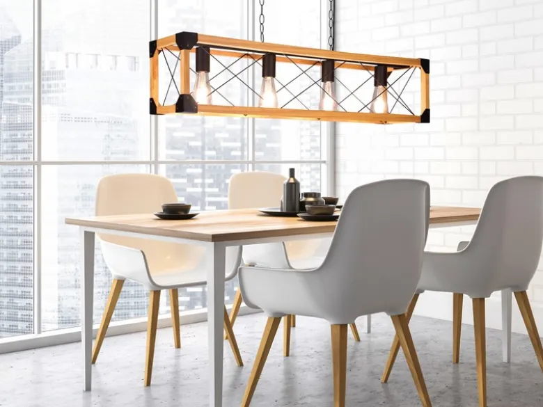 Balken Pendelleuchte TENALI 4 flammig Schwarz mit Holzbalken, Breite 100cm