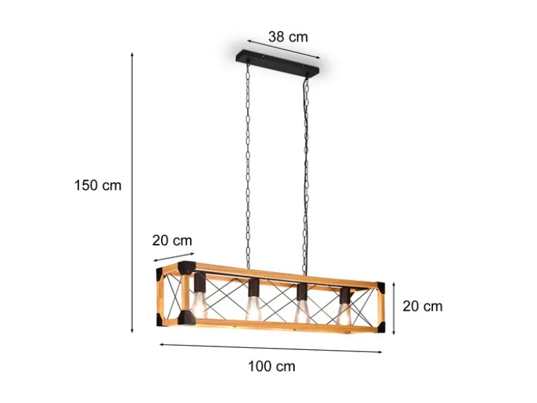 Balken Pendelleuchte TENALI 4 flammig Schwarz mit Holzbalken, Breite 100cm