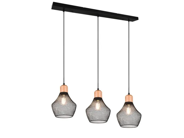 Balken Pendelleuchte VALERIA Drahtgeflecht Schwarz mit Holz B 80cm
