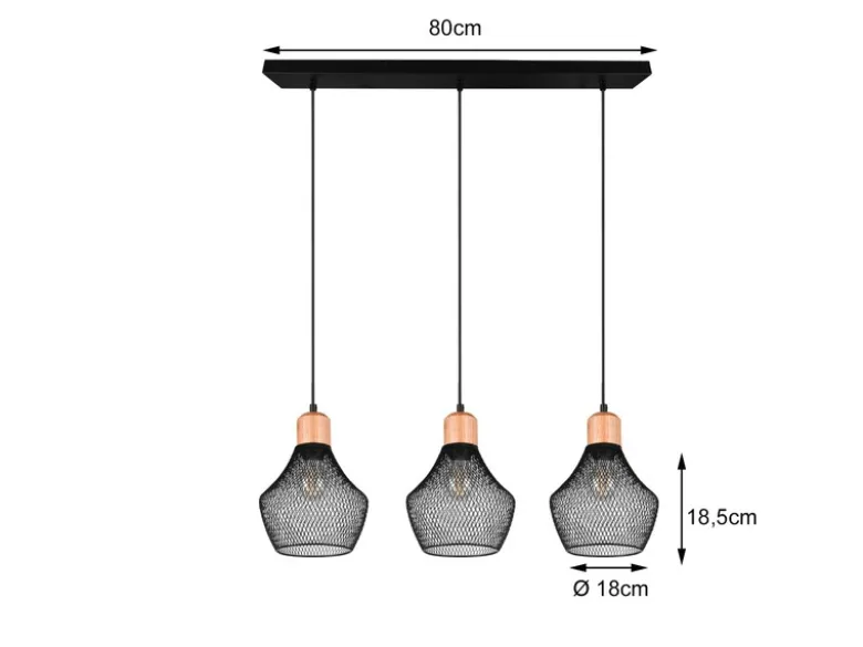 Balken Pendelleuchte VALERIA Drahtgeflecht Schwarz mit Holz B 80cm