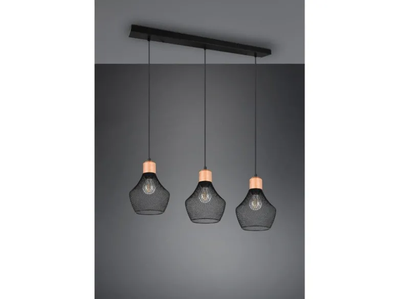 Balken Pendelleuchte VALERIA Drahtgeflecht Schwarz mit Holz B 80cm