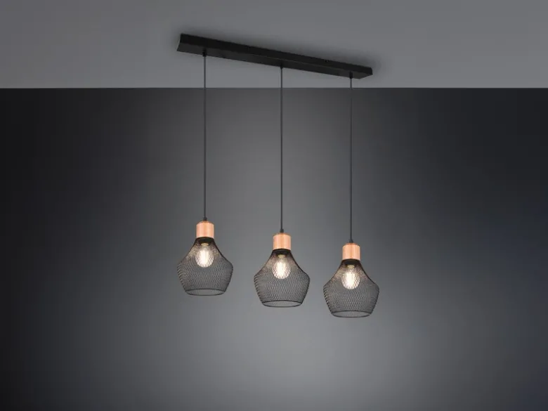 Balken Pendelleuchte VALERIA Drahtgeflecht Schwarz mit Holz B 80cm
