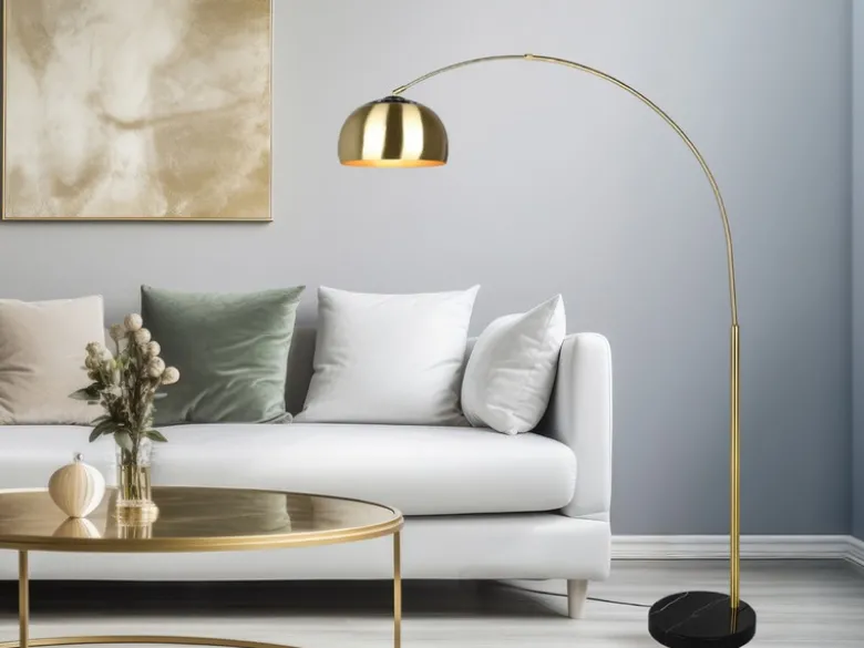 Bogenlampe ARGENTINA Schirm Messing Gold, große Ausladung, Höhe 200cm