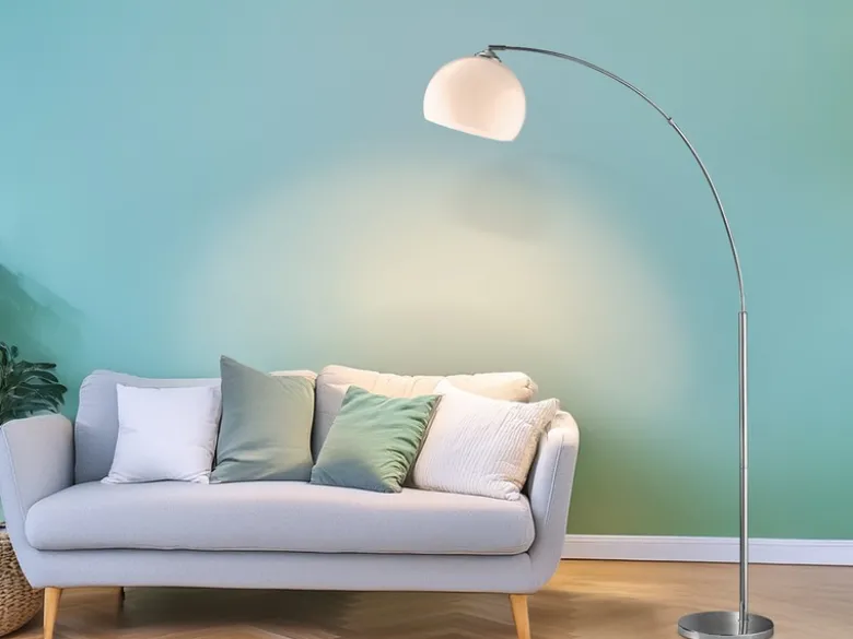 Bogenlampe Designklassiker BRASILIA Silber Chrom mit Acrylschirm, Höhe 180cm