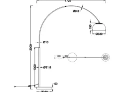 Bogenlampe Schirm Metall Silber mit E27 LED, große Ausladung, Höhe 200cm
