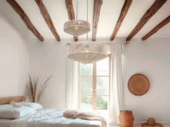 Boho LED Pendelleuchte Lampenschirm aus Baumwolle Beige, Ø 46cm