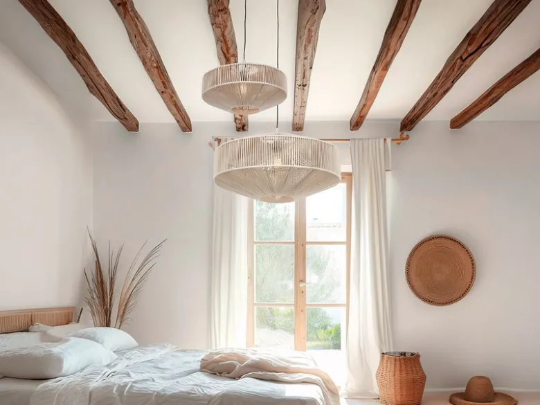 Boho LED Pendelleuchte Lampenschirm aus Baumwolle Beige, Ø 46cm