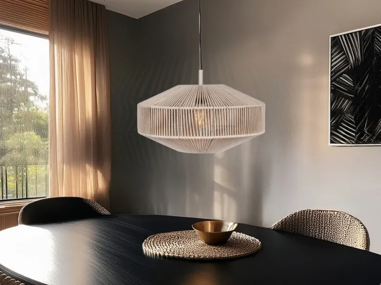 Boho LED Pendelleuchte Lampenschirm aus Baumwolle Beige, Ø 46cm