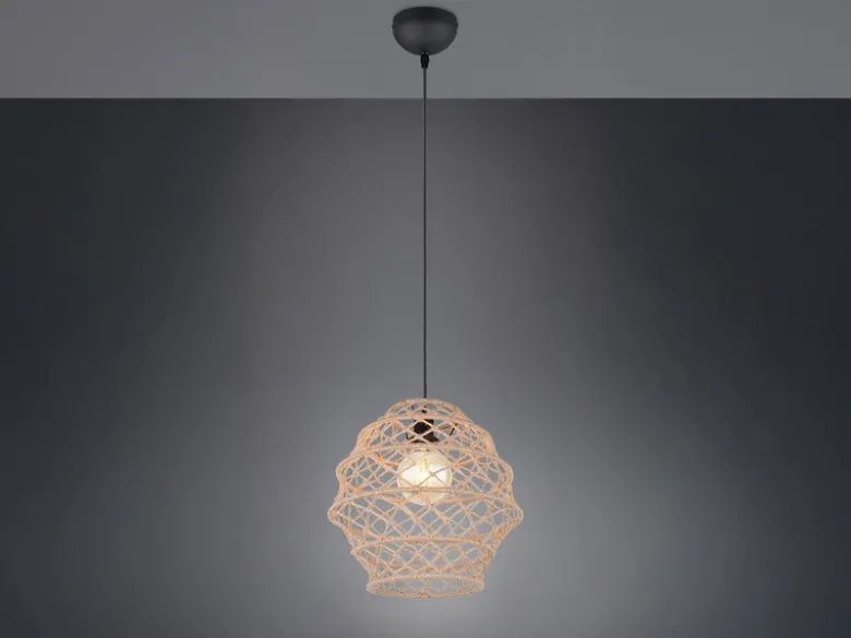 Boho LED Pendelleuchte mit Lampenschirm geflochten aus Hanfseil, Ø 38cm