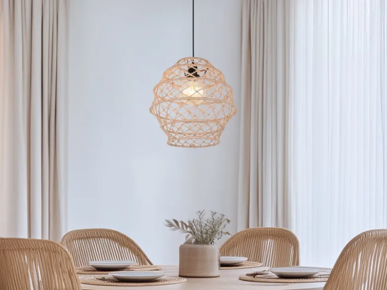 Boho LED Pendelleuchte mit Lampenschirm geflochten aus Hanfseil, Ø 38cm
