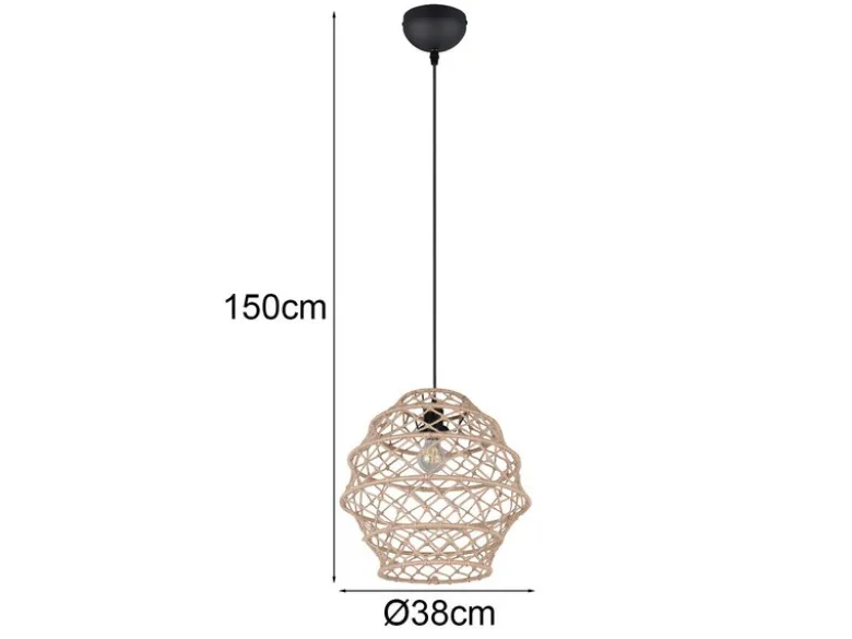 Boho LED Pendelleuchte mit Lampenschirm geflochten aus Hanfseil, Ø 38cm
