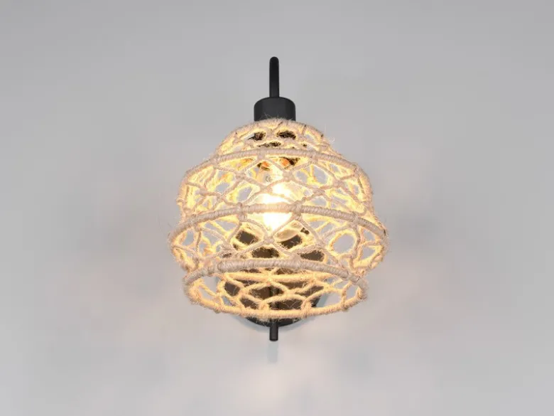 Boho LED Wandleuchte mit Schalter & Lampenschirm geflochten Hanfseil, Höhe 32cm