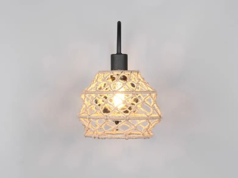 Boho LED Wandleuchte mit Schalter & Lampenschirm geflochten Hanfseil, Höhe 32cm