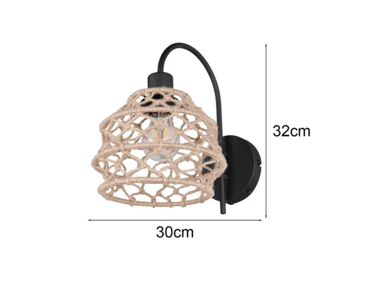 Boho Wandleuchte HIVE mit Schalter & Lampenschirm geflochten Hanfseil, H: 32cm