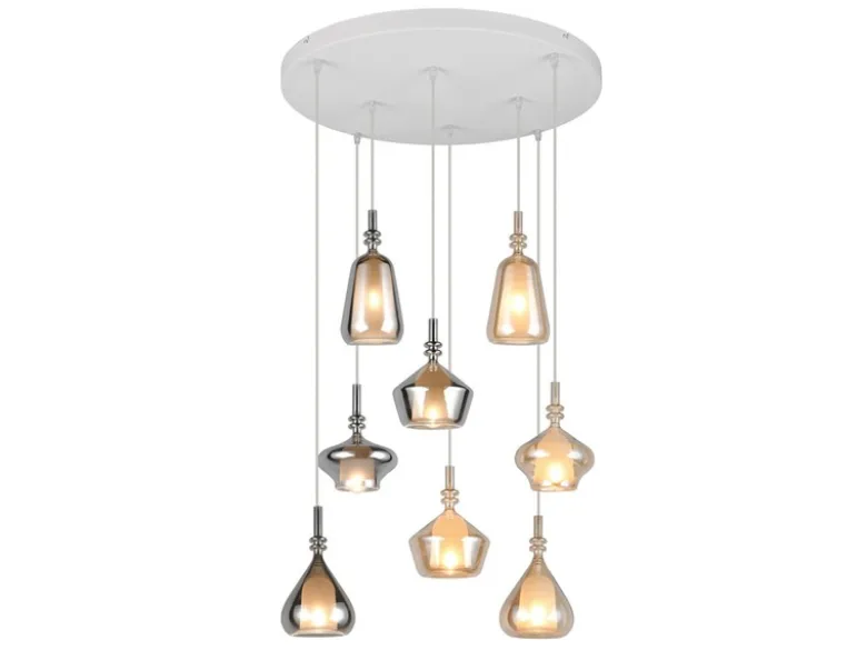 Cluster Pendelleuchte ALDEA 8-flammig Glas Bernstein & Chrom verspiegelt, Ø 72cm