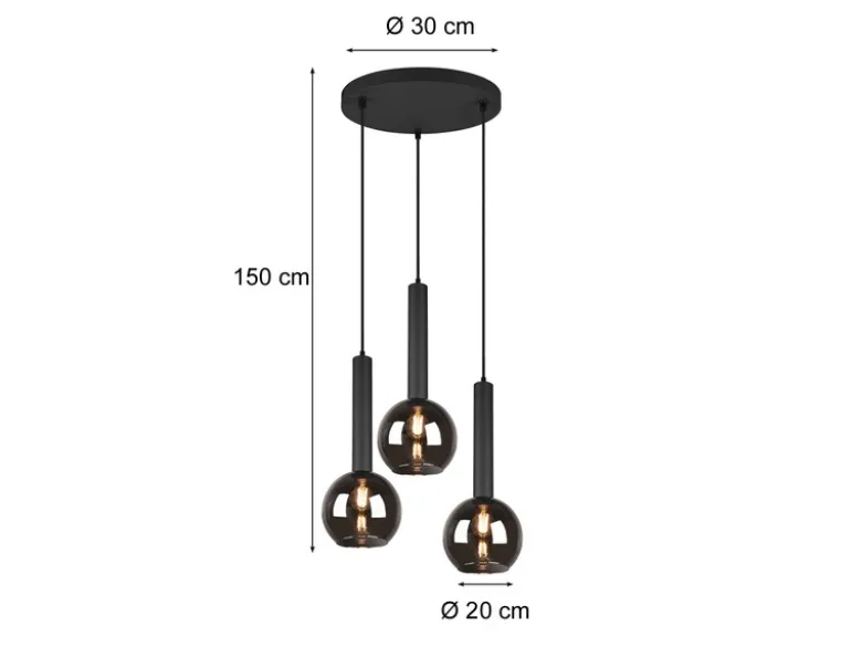 Cluster Pendelleuchte CLAYTON 3-flammig mit Rauchglas Glaskugeln, Ø 45cm