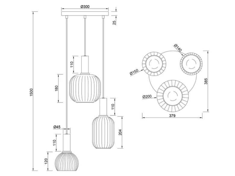 Cluster Pendelleuchte DIVA 3-flammig mit Glasschirmen Chrom bedampft, Ø 38cm