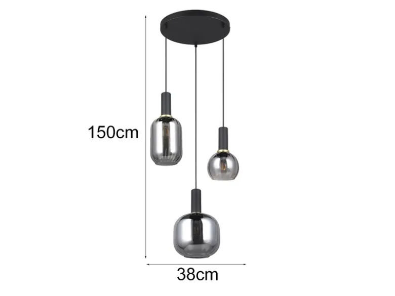 Cluster Pendelleuchte DIVA 3-flammig mit Glasschirmen Chrom bedampft, Ø 38cm