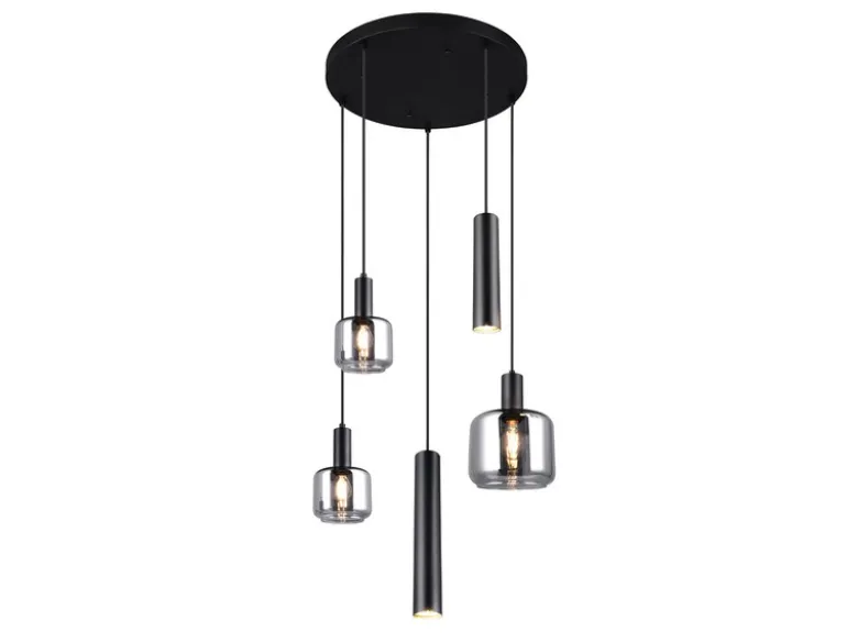 Cluster Pendelleuchte MATARO 5-flammig aus Metall mit Glasschirmen Chrom, Ø 40cm