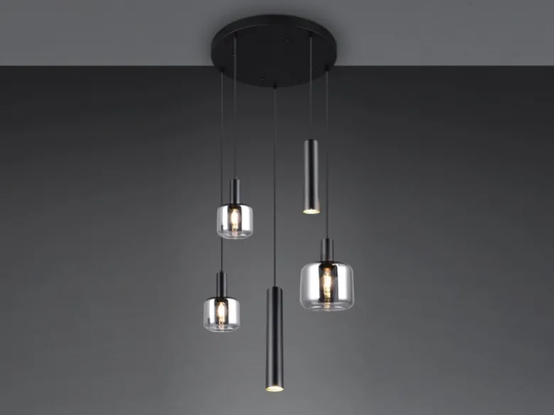 Cluster Pendelleuchte MATARO 5-flammig aus Metall mit Glasschirmen Chrom, Ø 40cm
