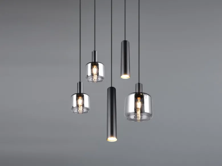 Cluster Pendelleuchte MATARO 5-flammig aus Metall mit Glasschirmen Chrom, Ø 40cm