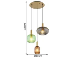 Cluster Pendelleuchte NORMY 3-flammig aus Rillenglas Bunt, Ø 55cm