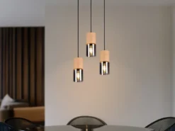 Cluster Pendelleuchte YELLE 3-flammig Lampenschirme Holz & Rauchglas Ø 37cm