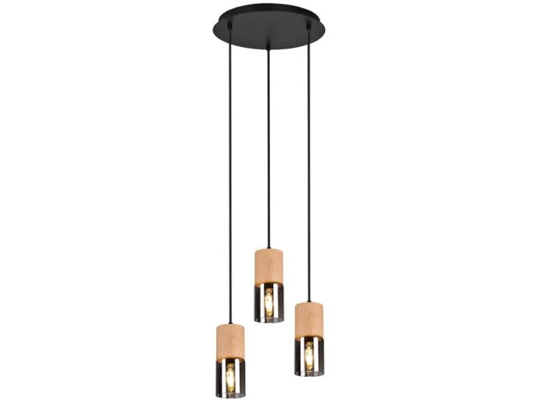 Cluster Pendelleuchte YELLE 3-flammig Lampenschirme Holz & Rauchglas Ø 37cm