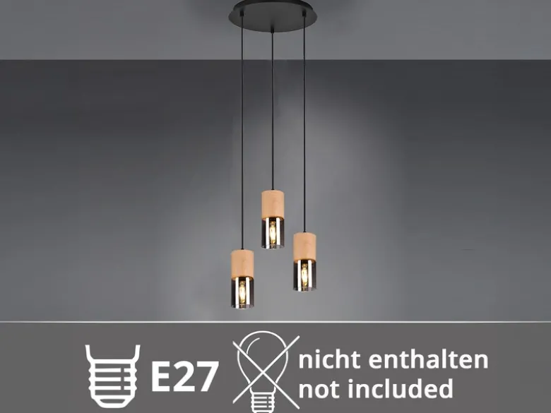 Cluster Pendelleuchte YELLE 3-flammig Lampenschirme Holz & Rauchglas Ø 37cm