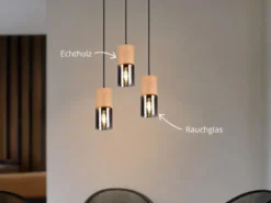 Cluster Pendelleuchte YELLE 3-flammig Lampenschirme Holz & Rauchglas Ø 37cm