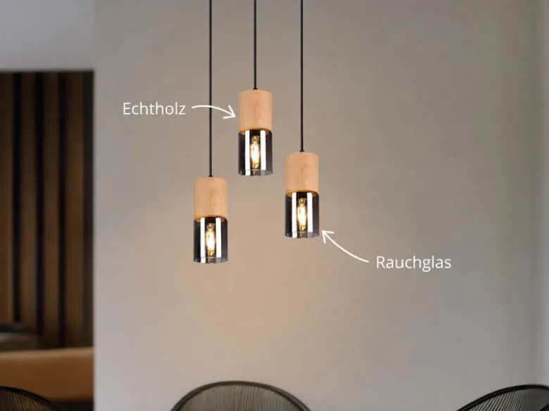 Cluster Pendelleuchte YELLE 3-flammig Lampenschirme Holz & Rauchglas Ø 37cm