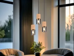 Cluster Pendelleuchte YELLE 3-flammig Lampenschirme Holz & Rauchglas Ø 37cm
