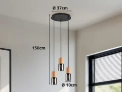 Cluster Pendelleuchte YELLE 3-flammig Lampenschirme Holz & Rauchglas Ø 37cm