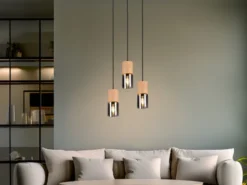 Cluster Pendelleuchte YELLE 3-flammig Lampenschirme Holz & Rauchglas Ø 37cm