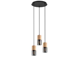Cluster Pendelleuchte YELLE 3-flammig Lampenschirme Holz & Rauchglas Ø 37cm