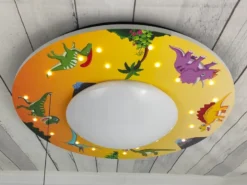 Coole Deckenlampe mit Dino Motiv fürs Kinderzimmer, Schlummerlicht, bunt Ø 54cm