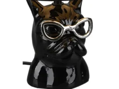 Coole Tischleuchte DOSY Keramik Hund, Stoffschirm Schwarz, Höhe 29cm