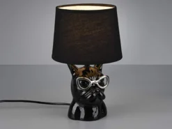 Coole Tischleuchte DOSY Keramik Hund, Stoffschirm Schwarz, Höhe 29cm