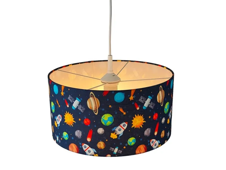 Coole Weltall Hängelampe für Kinderzimmer mit Stoffschirm, bunt Ø 35cm